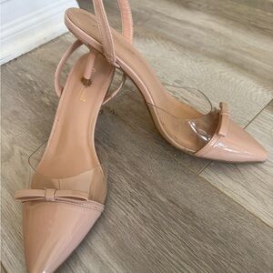 Anne Michelle Nude Patent Pointed-Toe Slingbacks with Clear Panel